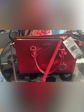 MICHAEL KORS Red Saffiano Leather Satchel with MK Charm